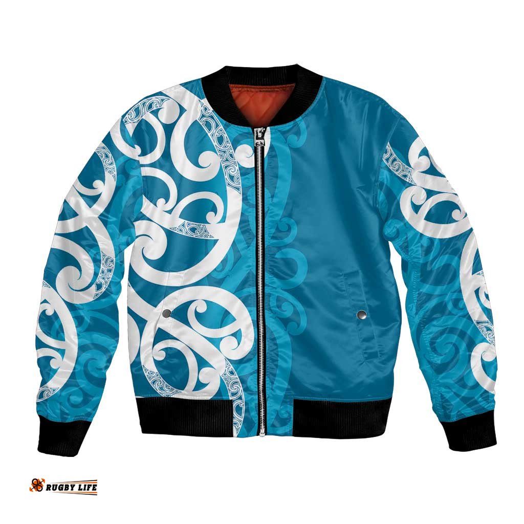 Azure Blue Maori Bomber Jacket Koru Kowhaiwhai LT7