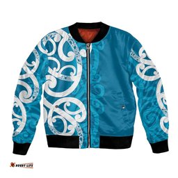 Azure Blue Maori Bomber Jacket Koru Kowhaiwhai LT7