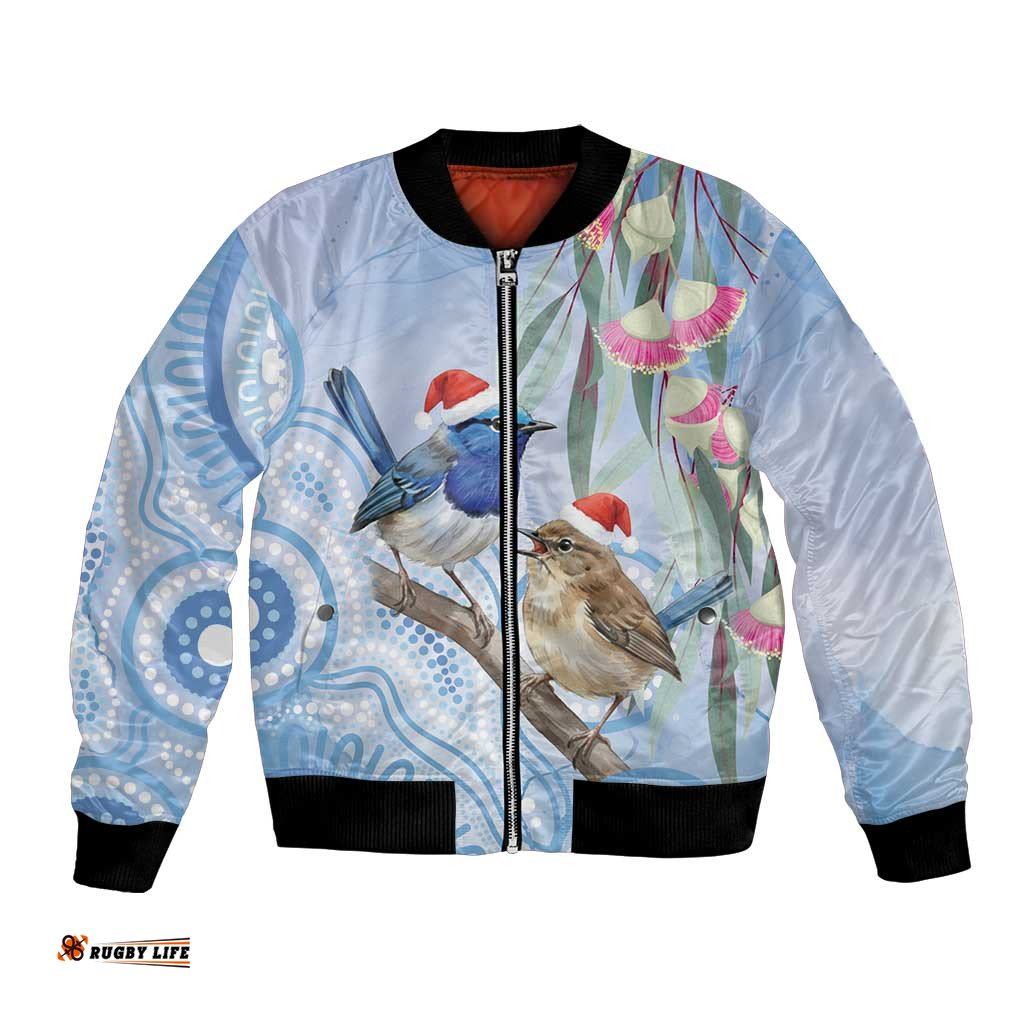 Australia Superb Fairywren Christmas Bomber Jacket Aboriginal Eucalyptus Blossoms Watercolor LT14