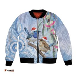 Australia Superb Fairywren Christmas Bomber Jacket Aboriginal Eucalyptus Blossoms Watercolor LT14