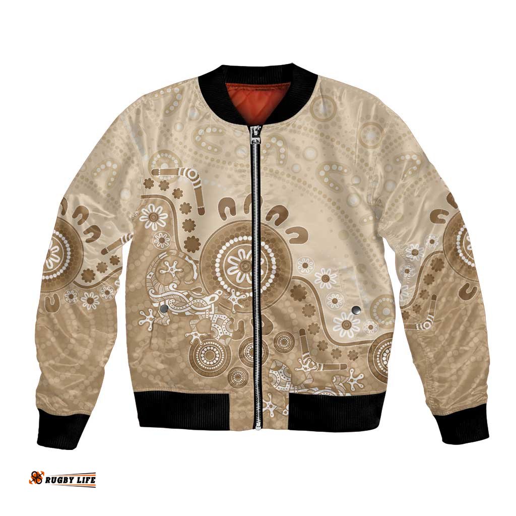 Beige Lizards Australia Bomber Jacket Boomerang Indigenous Art LT14