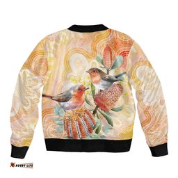 Australia Flame Robin Bomber Jacket Petroica Phoenicea Banksia Indigenous Art LT14