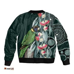 Australian Ringneck Parrot Bomber Jacket Barnardius Zonarius Eucalyptus Flowers Aboriginal Art LT14