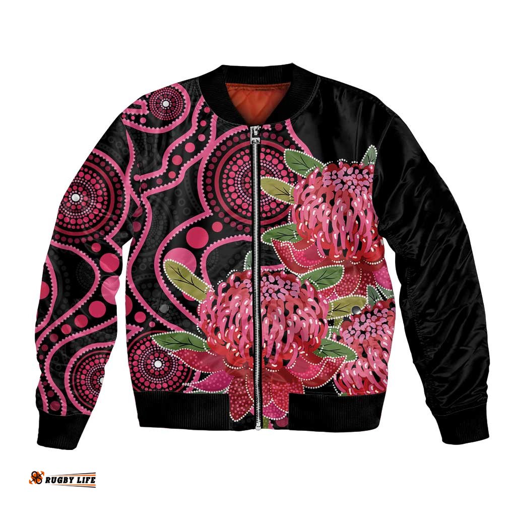 Australia Waratah Bomber Jacket Telopea Aussie Native Flowers Indigenous Art LT14