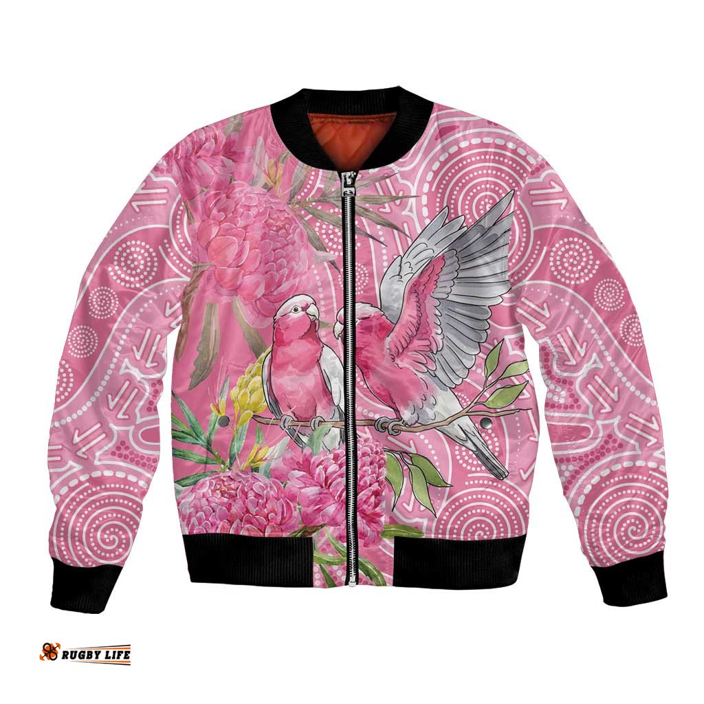 Australia Pink Galah Bomber Jacket Rose-breasted Cockatoo Waratah Indigenous Art LT14