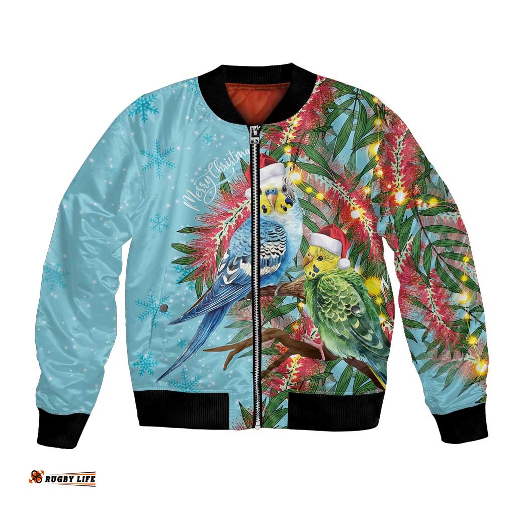 Blue Budgies on Callistemon Bomber Jacket Merry Christmas Aussie LT7