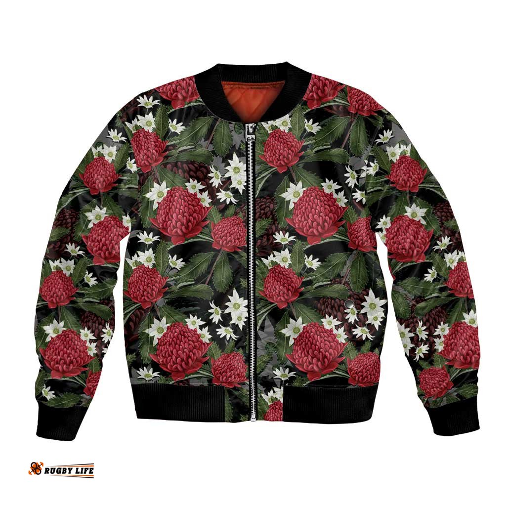 Australia Waratah Flannel Flower Bomber Jacket Aussie Native Flowers Seamless Stylized LT14