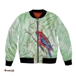 Australia Crimson Rosella Bomber Jacket Platycercus Elegans Eucalyptus Alba Watercolor LT14