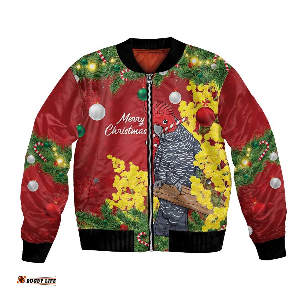 Australia Gang-gang Cockatoo Christmas Bomber Jacket Callocephalon Fimbriatum Golden Wattle Red LT14