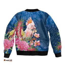 Australia Christmas Pink Cockatoo with Banksia Bomber Jacket Snowy Blue LT7