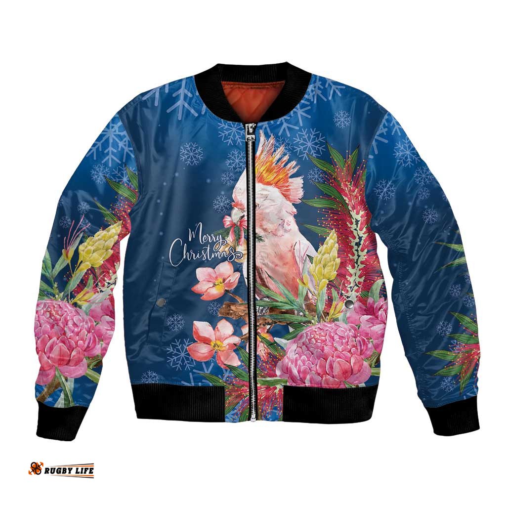 Australia Christmas Pink Cockatoo with Banksia Bomber Jacket Snowy Blue LT7