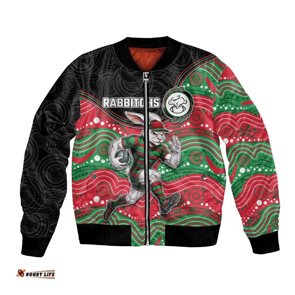 Custom Rabbitohs Bomber Jacket Rabbit Mascot With Aboriginal Indigenous DT05