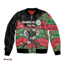Custom Rabbitohs Bomber Jacket Rabbit Mascot With Aboriginal Indigenous DT05