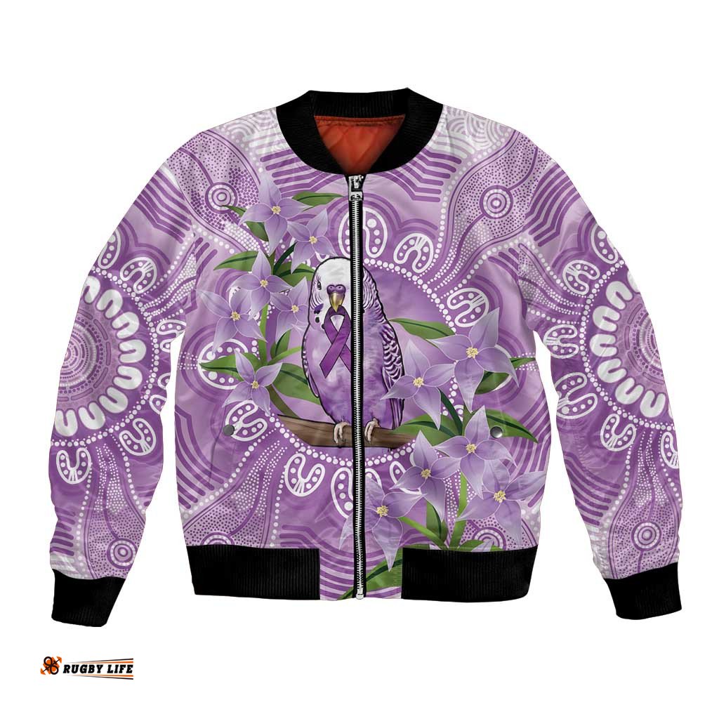 Epilepsy Awareness Budgerigar Australia Bomber Jacket Budgie Purple Ribbon Boronia Aboriginal LT14