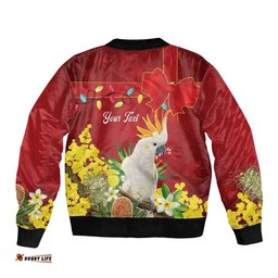 Personalised Australia Sulphur-crested Cockatoo Christmas Bomber Jacket Aussie Native Flowers Merry Xmas LT14