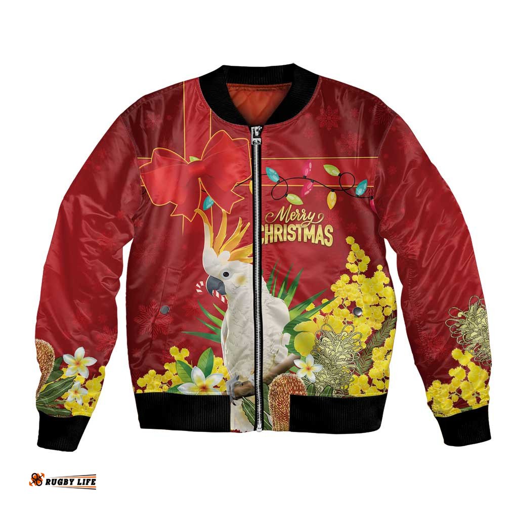 Personalised Australia Sulphur-crested Cockatoo Christmas Bomber Jacket Aussie Native Flowers Merry Xmas LT14