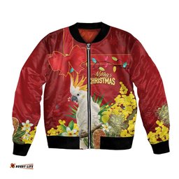Personalised Australia Sulphur-crested Cockatoo Christmas Bomber Jacket Aussie Native Flowers Merry Xmas LT14
