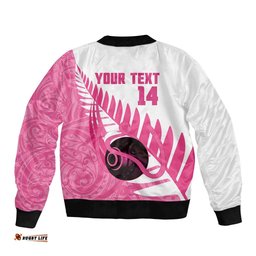 New Zealand Lawn Bowls Breast Cancer Custom Bomber Jacket Aotearoa Maori Silver Fern Pink Ribbon LT14
