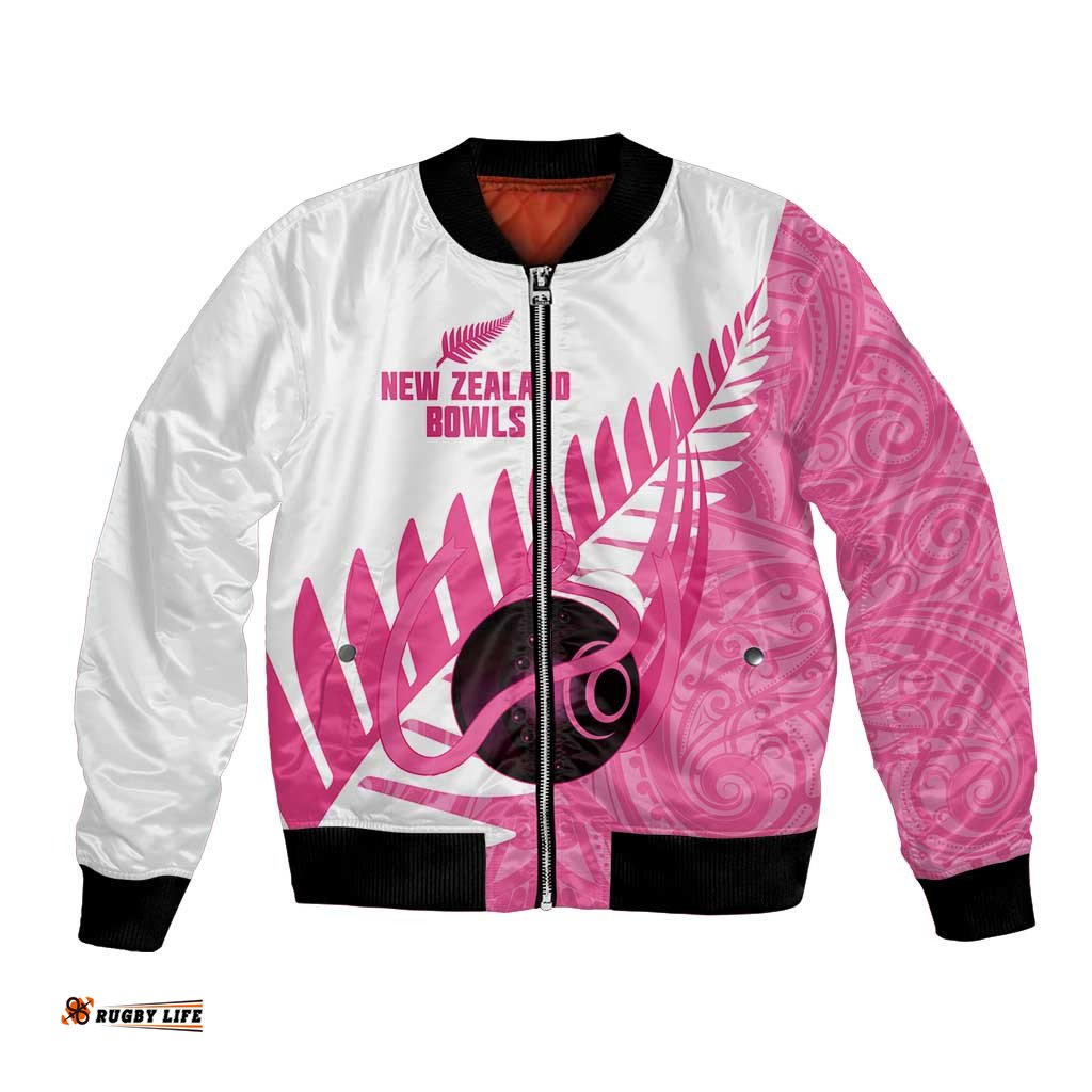 New Zealand Lawn Bowls Breast Cancer Custom Bomber Jacket Aotearoa Maori Silver Fern Pink Ribbon LT14