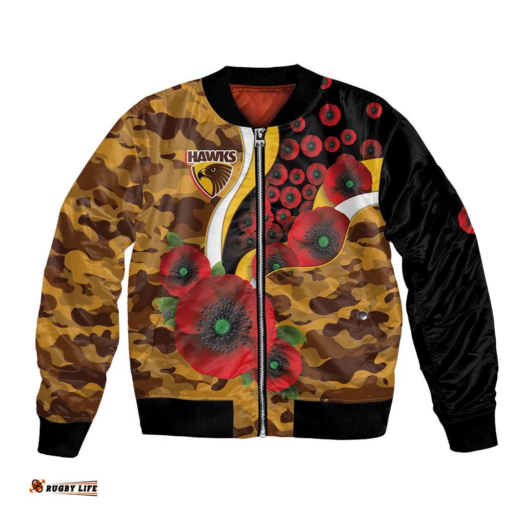 Hawthorn Hawks ANZAC Personalised Bomber Jacket Lest We Forget Poppy Camo LT9