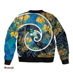 New Zealand Tui Bird Bomber Jacket Maori Koru With Kowhai Flowers LT05
