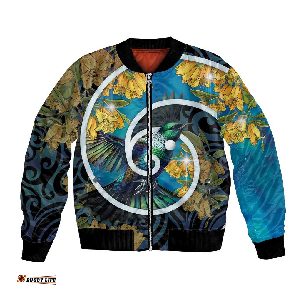 New Zealand Tui Bird Bomber Jacket Maori Koru With Kowhai Flowers LT05