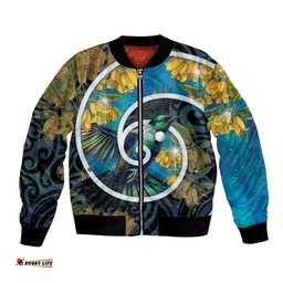 New Zealand Tui Bird Bomber Jacket Maori Koru With Kowhai Flowers LT05