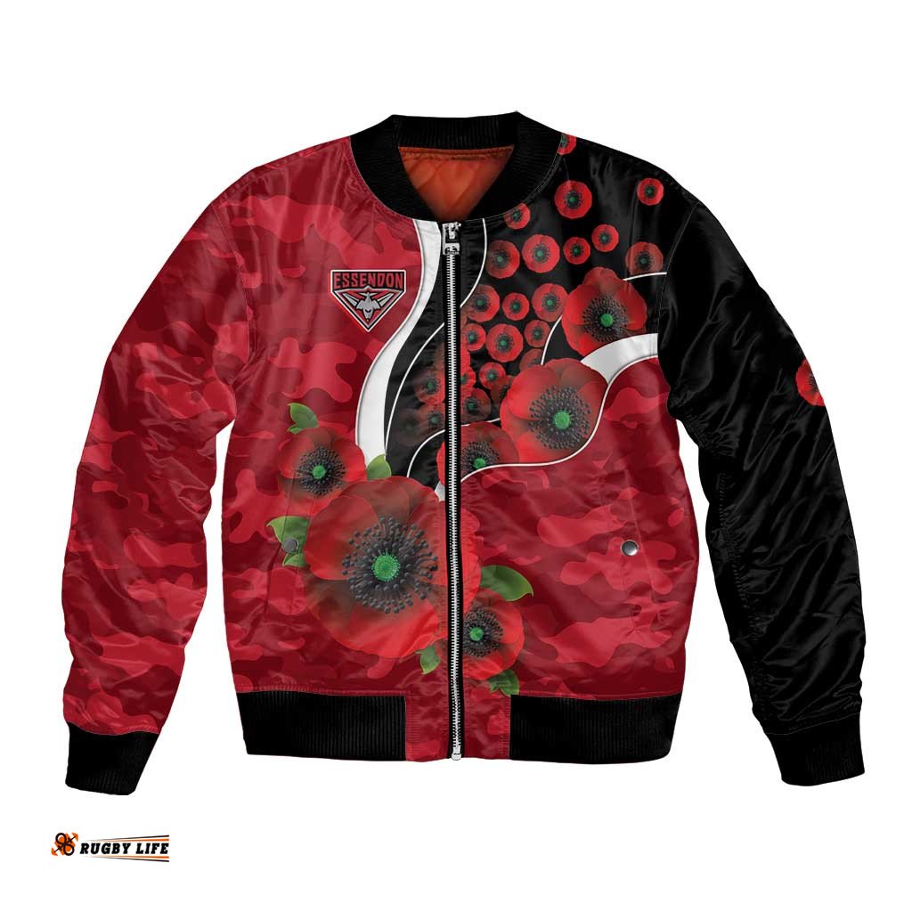 Essendon Bombers ANZAC Personalised Bomber Jacket Lest We Forget Poppy Camo LT9