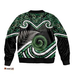 Koru Pounamu Aotearoa Bomber Jacket Maori Paua Shell Mix Silver Fern LT14