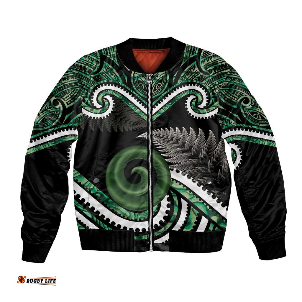 Koru Pounamu Aotearoa Bomber Jacket Maori Paua Shell Mix Silver Fern LT14