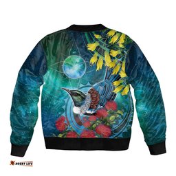 New Zealand Tui Bird Bomber Jacket Maori Koru With Pohutukawa Galaxy Style LT05