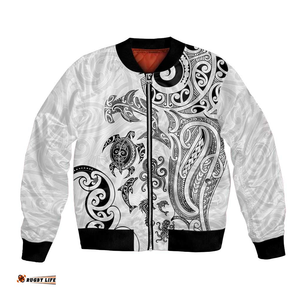New Zealand Sea Animals with Maori Tribal Tattoo Bomber Jacket White Color LT03