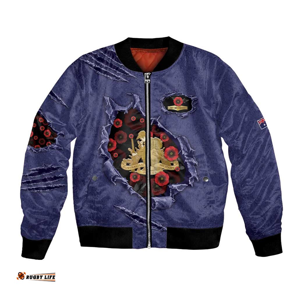 Personalised ANZAC Day Bomber Jacket Poppy Flowers Ripped Fabric Effect DT05
