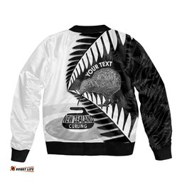 New Zealand Silver Fern Curling Personalised Bomber Jacket Aotearoa Kiwi Ponga Black White Version LT14