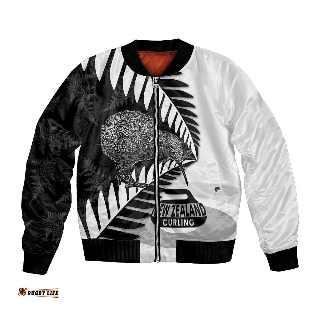 New Zealand Silver Fern Curling Personalised Bomber Jacket Aotearoa Kiwi Ponga Black White Version LT14