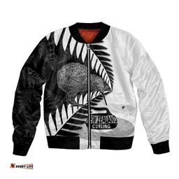 New Zealand Silver Fern Curling Personalised Bomber Jacket Aotearoa Kiwi Ponga Black White Version LT14