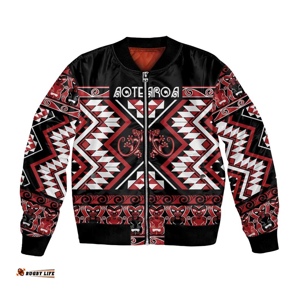Personalised Aotearoa Waitangi Bomber Jacket Taniko Motifs - Mania Gecko LT7