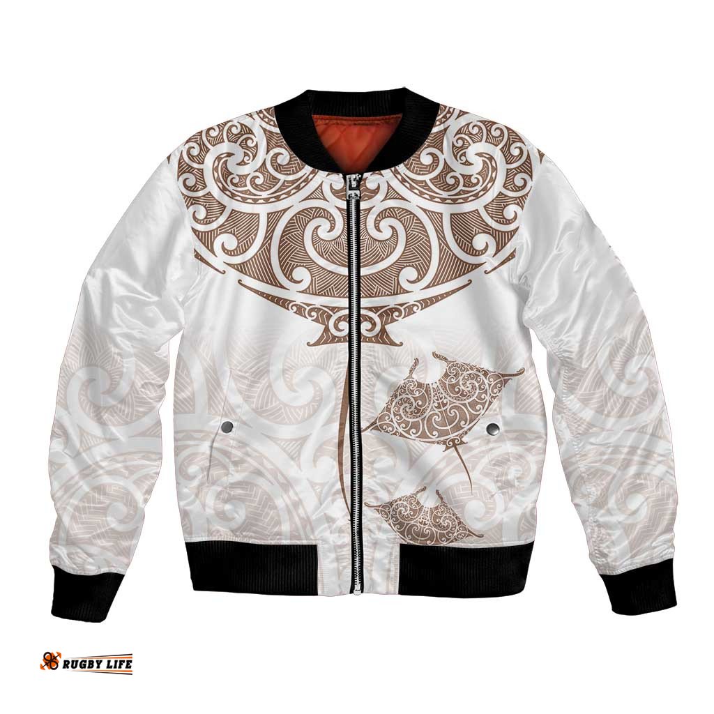 New Zealand Manta Ray Tattoo Bomber Jacket Aotearoa Maori Haehae Beige LT14