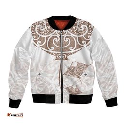New Zealand Manta Ray Tattoo Bomber Jacket Aotearoa Maori Haehae Beige LT14