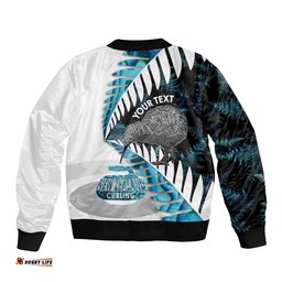New Zealand Silver Fern Curling Personalised Bomber Jacket Aotearoa Kiwi Ponga Paua Shell Version LT14