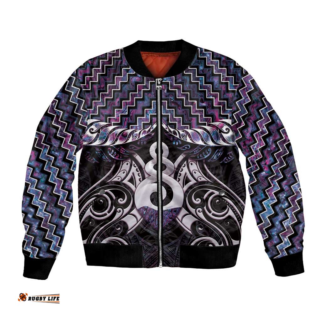 New Zealand Maori Bomber Jacket Poutama Pikorua Purple Paua Shell LT05