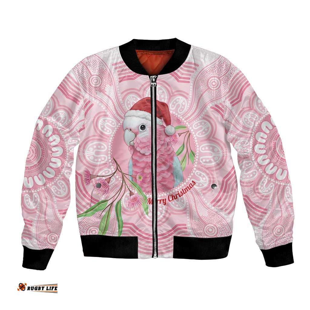 Funny Pink Galah Australia Christmas Bomber Jacket Eucalyptus Blossoms Aboriginal Art LT14