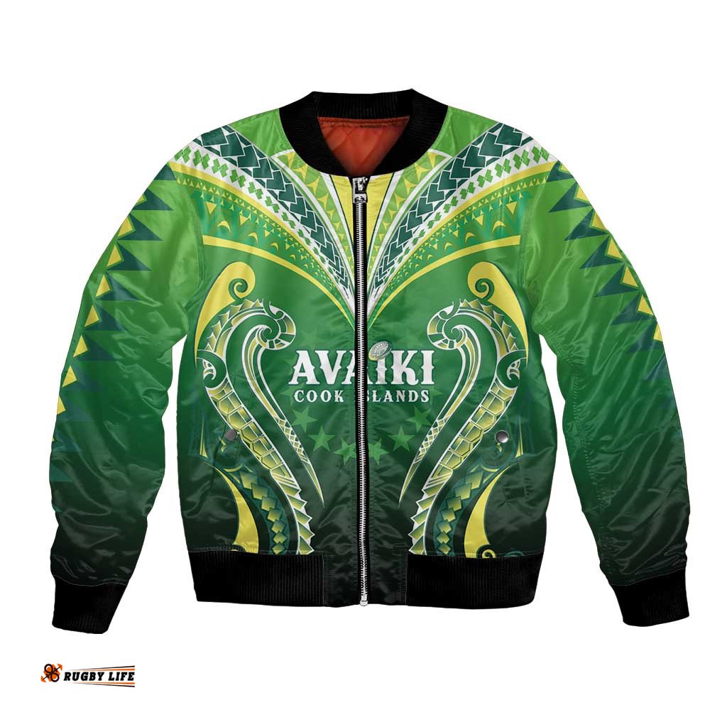 Custom Rugby Cook Islands Avaiki Bomber Jacket Green Kuki Airani Tribal Maori Inspired LT9
