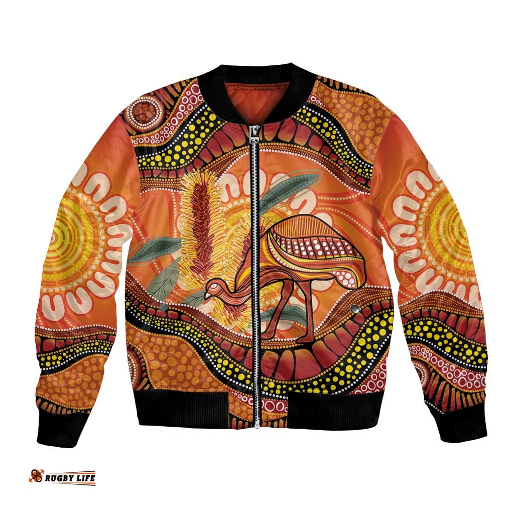 Indigenous Emu Australia Bomber Jacket Australian Bottlebrushes Aboriginal Art Proud LT14