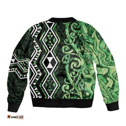Green Aotearoa Bomber Jacket Taniko Motifs With Paua Shell Kowhaiwhai LT14