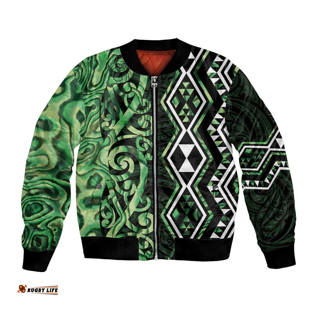 Green Aotearoa Bomber Jacket Taniko Motifs With Paua Shell Kowhaiwhai LT14