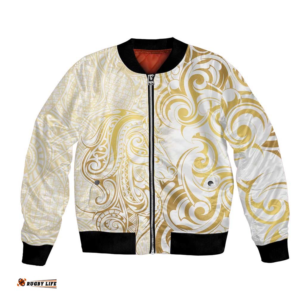Gold And White Aoteara Horse Racing Bomber Jacket NZ Maori Pattern LT14
