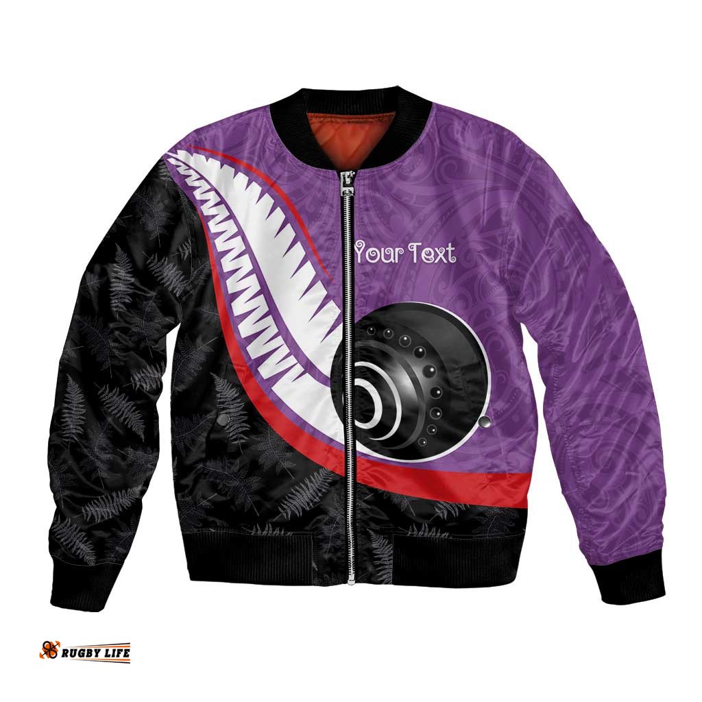 Personalised Aotearoa Lawn Bowls Bomber Jacket Maori and Silver Fern Sporty Style Purple Color LT03