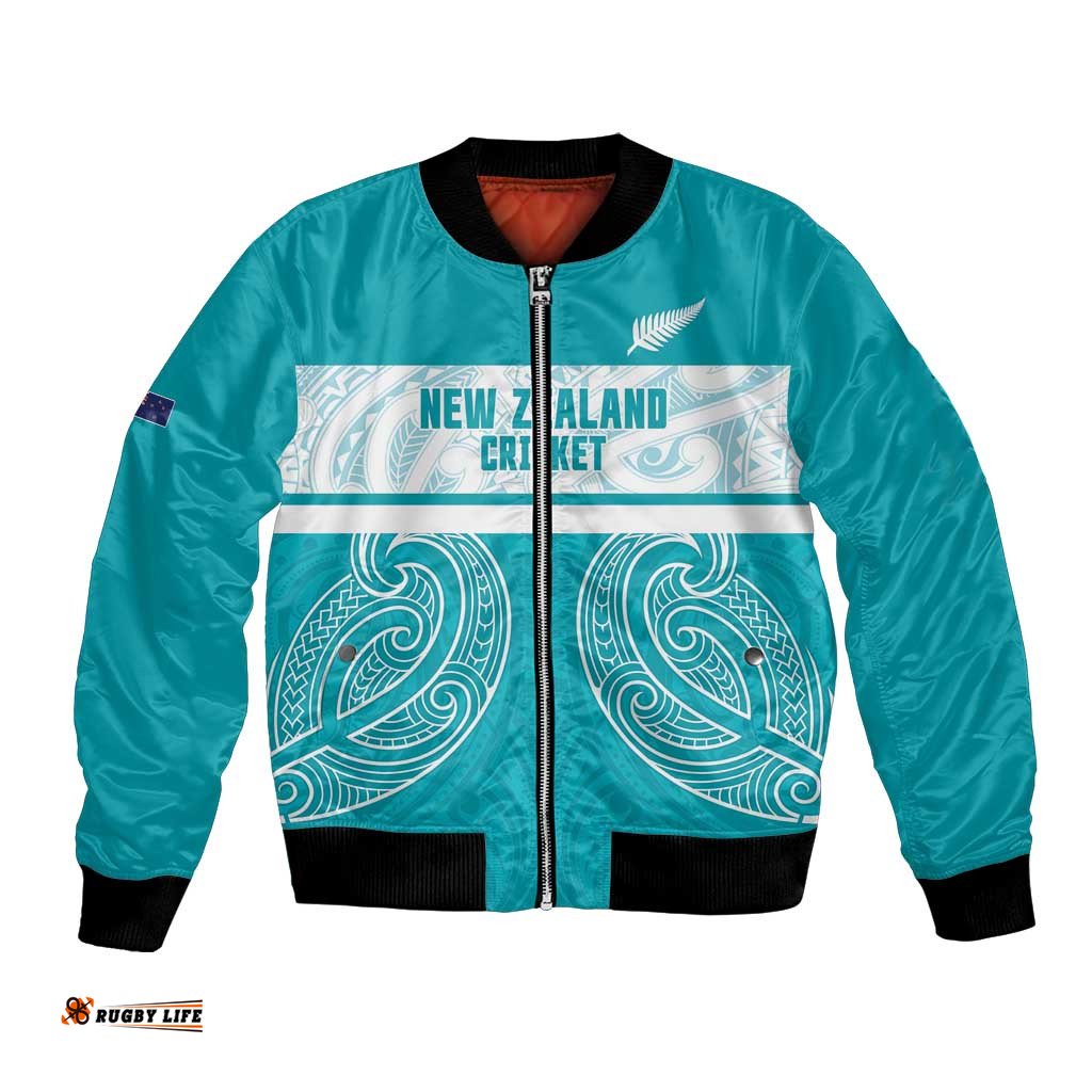New Zealand Silver Fern Cricket Custom Bomber Jacket Black Cap Teal Maori Pattern LT14