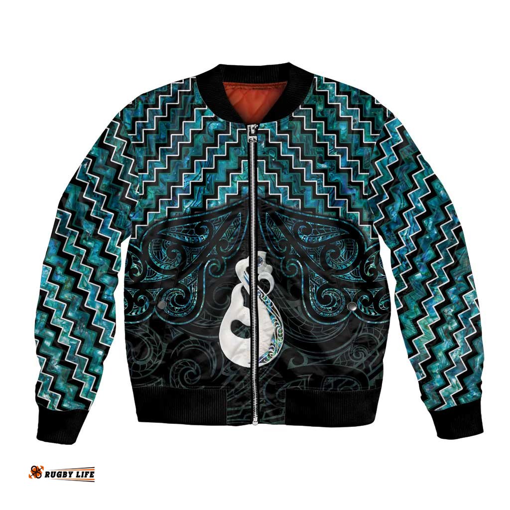 New Zealand Maori Bomber Jacket Poutama Manaia Turquoise Paua Shell LT05
